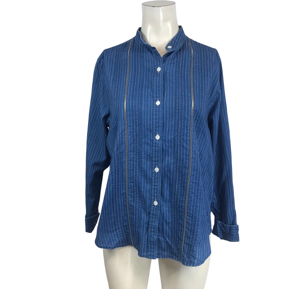 Lauren Ralph Lauren Blue‎ Pinstripe Denim Shirt Ladder Lace Trim Petite 12P